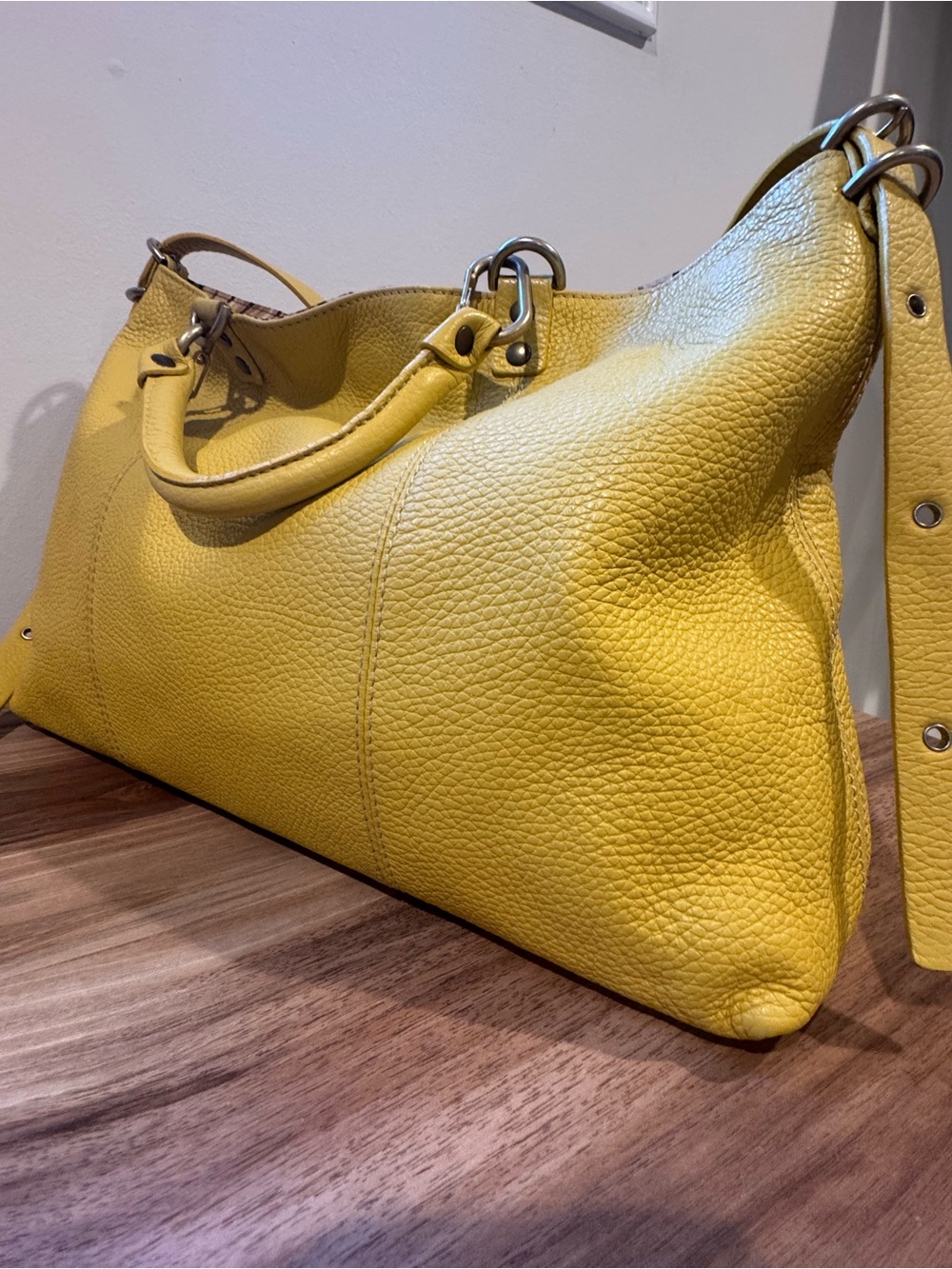 Plinio Visona Italian Leather Tote Bag Yellow Pebbled Leather Made Italy